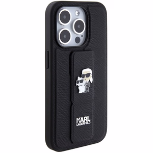 Karl Lagerfeld Gripstand Saffiano Karl&Choupette Pins dėklas telefonui iPhone 15 Pro Max - juodas