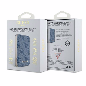 Guess indukcinė 15W GUPB5FP4EMGB 5000mAh išorinė baterija mėlyna/mėlyna 4G odinis metalinis logotipas MagSafe