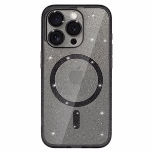 Glitter MagSafe juodas skaidrus dėklas telefonui iPhone 11
