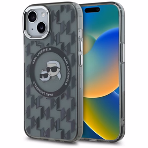 Karl Lagerfeld IML Monograma Karl & Choupette Head Magnetinis iPhone 15 Plus dėklas - juodas