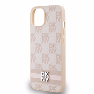 DKNY Leather Checkered Mono Pattern & Printed Stripes dėklas, skirtas iPhone 15 / 14 / 13, rožinis