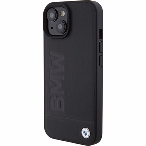 BMW Leather Hot Stamp dėklas, skirtas iPhone 15 Plus, su MagSafe, juodas