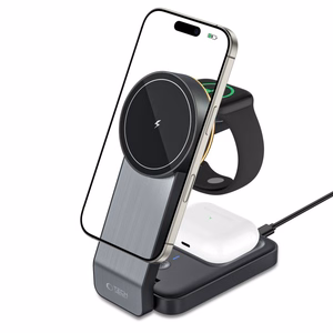 Tech-Protect QI15W-A28 MagSafe 3 в 1 индуктивное зарядное устройство с подставкой для смартфона Apple Watch AirPods - чёрный