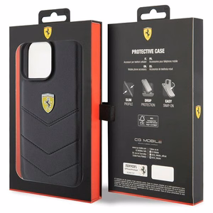 Ferrari dygsniuotas metalo logotipa dėklas iPhone 15 Pro Max – juodas