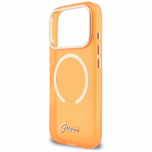 Guess IML Script Metal MagSafe Dėklas for iPhone 17 Pro Max - oranžinis