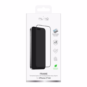 Puro grūdintas stiklas iPhone 17 Air su aplikatoriumi ir juodu rėmeliu