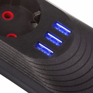 Maclean elektros paskirstytuvas, 5 lizdai + 3xUSB prailginimo laidas, 110–240 V kintama srovė, 50/60 Hz, 2,1 A, maks. 2500 W, 1,5 m, juodas, MCE395 B