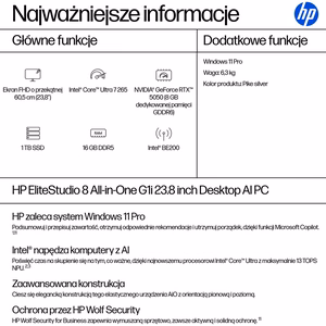 HP Elite Studio 8 AiO G1i Ultra 7 265 23.8"FHD 250nits IPS LBL AG 16GB DDR5 5600 SSD1TB Intel Graphics Cam5MP W11Pro 3Y OnSite
