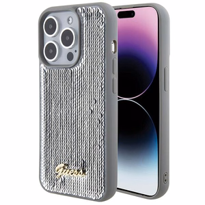 Guess Sequin Script Metal dėklas telefonui iPhone 15 Pro Max - sidabrinis