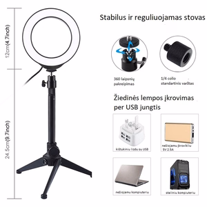LED žiedinė lempa 12cm, su trikoju staliniu stovu iki 24.5cm, USB