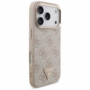 Чехол Guess PU Leather 4G Strass Triangle Logo Gold Frame MagSafe для Apple iPhone 18 Pro, розовый