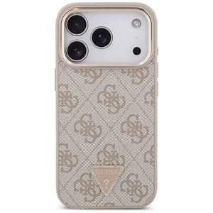 Чехол Guess PU Leather 4G Strass Triangle Logo Gold Frame MagSafe для Apple iPhone 18 Pro, розовый