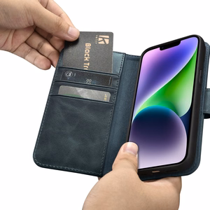 iCarer Aliejaus Vaško Piniginės Dėklas 2in1 Dangtelis iPhone 14 Plus Anti-RFID Odinis Atverčiamas Dėklas Mėlynas (WMI14220723-BU)
