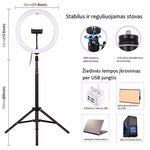 LED žiedinė lempa 30cm su trikoju stovu iki 1.65m ir telefono laikikliu, USB