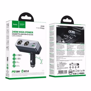Įkroviklis automobilinis Hoco (Z65B) (1xUSB; 1xUSB-C; 2 x Lighter splitter ) juodas