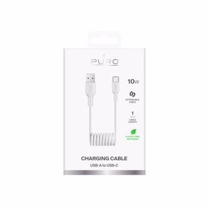 Puro 10W USB-A - USB-C spiralinis kabelis 1m - baltas