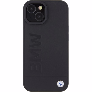 BMW Leather Hot Stamp dėklas, skirtas iPhone 15 Plus, su MagSafe, juodas