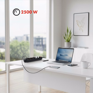 Maclean elektros paskirstytuvas, 5 lizdai + 3xUSB prailginimo laidas, 110–240 V kintama srovė, 50/60 Hz, 2,1 A, maks. 2500 W, 1,5 m, juodas, MCE395 B