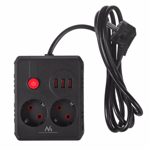 Maclean elektros paskirstytuvas, prailginimo laidas su 2 lizdais + 3xUSB, 110–240 V kintama srovė, 50/60 Hz, 2,1 A, maks. 2500 W, 1,5 m, juodas, MCE387 B