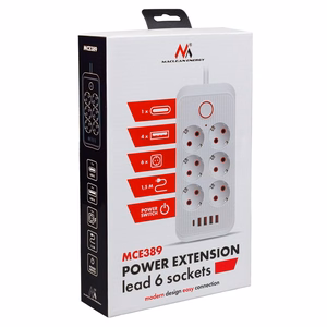 Maclean elektros paskirstytuvas, 6 lizdai + 4xUSB prailginimo laidas, 110–240 V kintama srovė, 50/60 Hz, 2,1 A, maks. 2500 W, 1,5 m, baltas, MCE389 W