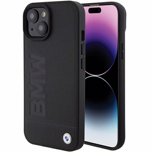 BMW Leather Hot Stamp dėklas, skirtas iPhone 15 Plus, su MagSafe, juodas