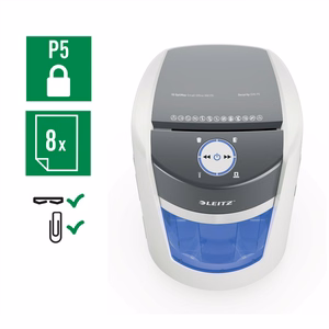 Leitz IQ OptiMax Small Office 350 dokumentų naikiklis Smulkinimas itin mažais gabalėliais 58 dB 22,3 cm Pilka, Balta