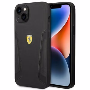 Ferrari FEHCP14MRBUK Leather Stamp Sides dėklas, skirtas iPhone 14 Plus 6.7", juodas
