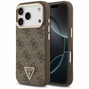 Чехол Guess PU Leather 4G Strass Triangle Logo Gold Frame MagSafe для Apple iPhone 18 Pro, коричневый