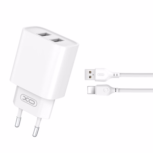 "XO" sieninis įkroviklis CE02C 2x USB 2,1A baltos spalvos + "Lightning" laidas