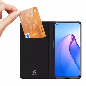 Dux Ducis Skin Pro dėklas telefonui Oppo Reno 8 su atverčiamu dangteliu, kortelių pinigine ir stovu, juodas
