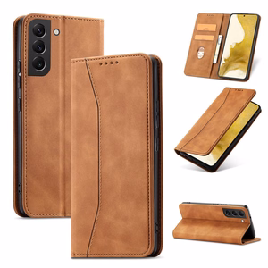 Magnetinis puošnus dėklas Samsung Galaxy S23+ su atverčiamu piniginės dangteliu ir stovu ruda