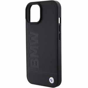 BMW Leather Hot Stamp dėklas, skirtas iPhone 15 Plus, su MagSafe, juodas