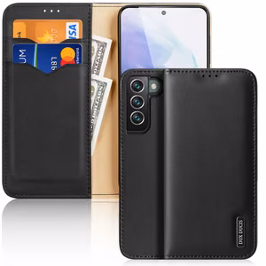 Dux Ducis Hivo odinis atverčiamas dėklas natūralios odos piniginė kortelėms ir dokumentams Samsung Galaxy S22 + (S22 Plus) juodas