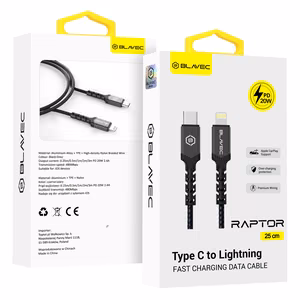 Kabelis Blavec Cable Raptor pluoštinis - Type-C į Lightning - PD 20W 2,4A 0,25 m Apple CarPlay (CRA-CL24BG025) juodas-pilkas
