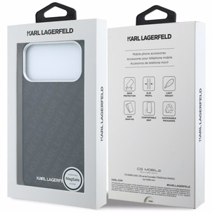 Karl Lagerfeld Grained Allover Logo Metal Elongated MagSafe dėklas, skirtas iPhone 18 Pro / 17 Pro, juodas