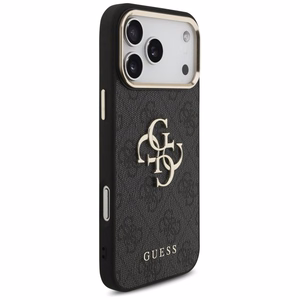 Guess PU Leather 4G Metal Logo Gold Frame case for Apple iPhone 18 Pro Max, Black