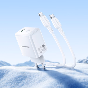 Borofone sieninis įkroviklis BN30 Cargador GaN - USB + Type C - QC 3.0 PD 45W su Type C į Type C kabeliu baltas