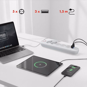 Maclean elektros paskirstytuvas, 5 lizdai + 3xUSB prailginimo laidas, 110–240 V kintama srovė, 50/60 Hz, 2,1 A, maks. 2500 W, 1,5 m, baltas, MCE395 W