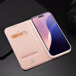 Dux Ducis Skin Pro dėklas telefonui iPhone 16 Pro Max su atverčiamu dangteliu ir kortelių skyriumi - rožinis