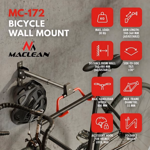 Maclean Horizontal Wall-Mounted Bike Rack, Steel, Max. Load 30 kg, Adjustable Angle, MC-172