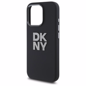 DKNY skystos silikoninės medžiagos dėklas telefonui su metaliniu logotipu iPhone 16 Pro - juodas