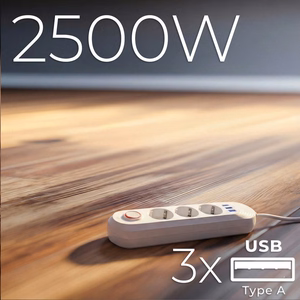 Maclean elektros paskirstytuvas, prailginimo laidas su 3 lizdais + 3xUSB, 110–240 V kintama srovė, 50/60 Hz, 2,1 A, maks. 2500 W, 1,5 m, baltas, MCE394 W