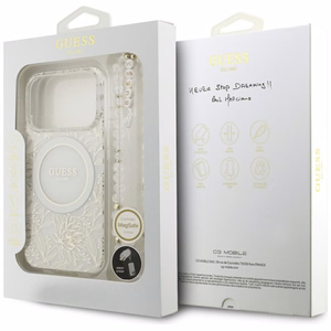 Guess IML Flowers Allover Electroplated MagSafe dėklas su perlų dirželiu, skirtas iPhone 18 Pro / 17 Pro – spalva: balta