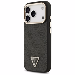 Чехол Guess PU Leather 4G Strass Triangle Logo Gold Frame MagSafe для Apple iPhone 18 Pro, чёрный
