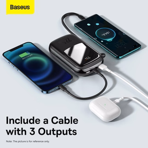 Baseus Qpow Pro 20000mAh išorinė baterija, USB + USB-C, PD 22,5W, su USB-C laidu (PPQD060301), juoda
