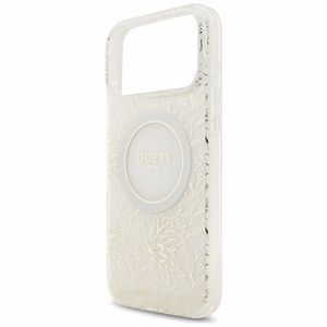 Чехол Guess IML MagSafe с цветочным рисунком, металлизированной отделкой и жемчужным ремешком для iPhone 18 Pro Max / 17 Pro Max, белый
