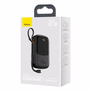 Baseus Qpow Pro 20000mAh išorinė baterija, USB + USB-C, PD 22,5W, su USB-C laidu (PPQD060301), juoda