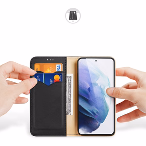 Dux Ducis Hivo odinis atverčiamas dėklas natūralios odos piniginė kortelėms ir dokumentams Samsung Galaxy S22 + (S22 Plus) juodas