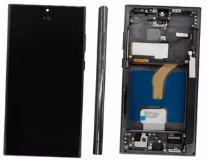 LCD ekranas Samsung S908 S22 Ultra su lietimo ekranu ir rėmeliu juodas OLED (tikras dydis)