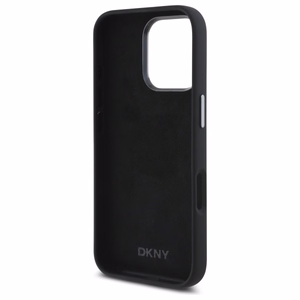 DKNY skystos silikoninės medžiagos dėklas telefonui su metaliniu logotipu iPhone 16 Pro - juodas